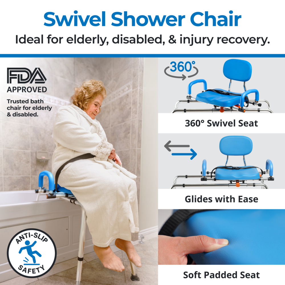Slide Swivel shower chair transfer bench with features highlighted, including FDA approval and safety certifications.